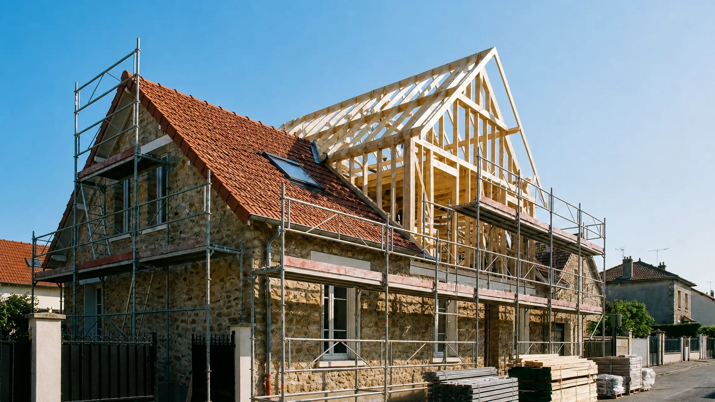 Chantier de construction extérieur avec ouvrier installant une charpente en bois